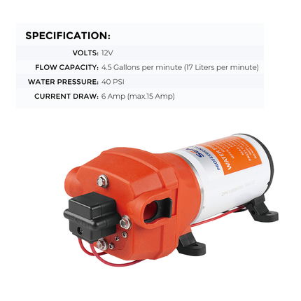 SEAFLO 12V Water Pump Pressure Diaphragm Self Priming Pump 4.5Gallons Per Min 17LPM 40PSI Water Booster for Caravan Motorhome Camper Trailer Boat Yacht.