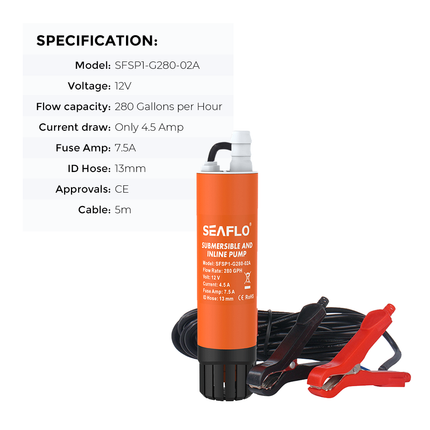 SEAFLO Submersible Inline Pump 12V 280GPH Transfer Pump Water Resistant High Pressure Washing Water Diesel Pump For RV Marine Boat Caravan.