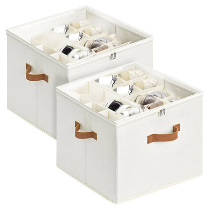 2 Pack Shoe Organizer Zipper Clear Lid Fabric Shoe Storage Box Space Saving Beige Shoe Holder for Closet and Adjustable Dividers Fits up to 16 Pairs.