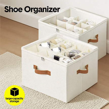 2 Pack Shoe Organizer Zipper Clear Lid Fabric Shoe Storage Box Space Saving Beige Shoe Holder for Closet and Adjustable Dividers Fits up to 16 Pairs.