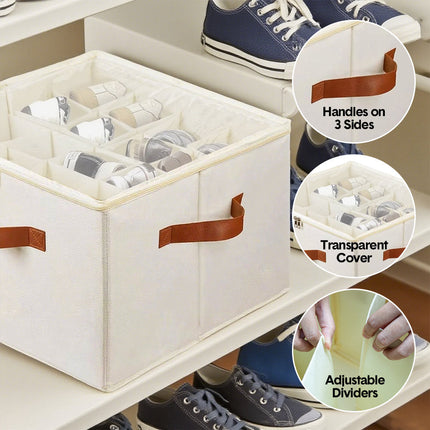 2 Pack Shoe Organizer Zipper Clear Lid Fabric Shoe Storage Box Space Saving Beige Shoe Holder for Closet and Adjustable Dividers Fits up to 16 Pairs.