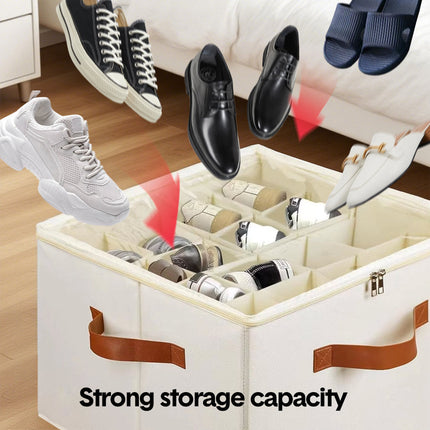 2 Pack Shoe Organizer Zipper Clear Lid Fabric Shoe Storage Box Space Saving Beige Shoe Holder for Closet and Adjustable Dividers Fits up to 16 Pairs.