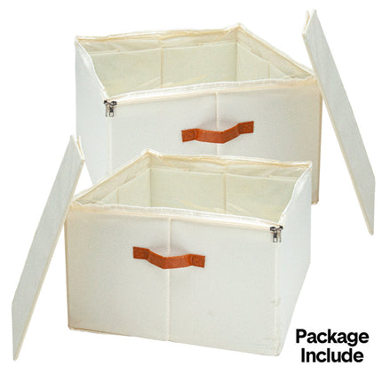 2 Pack Shoe Organizer Zipper Clear Lid Fabric Shoe Storage Box Space Saving Beige Shoe Holder for Closet and Adjustable Dividers Fits up to 16 Pairs.