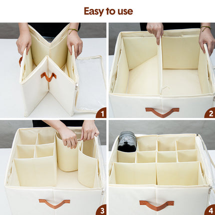2 Pack Shoe Organizer Zipper Clear Lid Fabric Shoe Storage Box Space Saving Beige Shoe Holder for Closet and Adjustable Dividers Fits up to 16 Pairs.