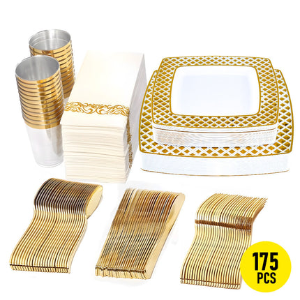 175pcs Food-Grade Wedding Event Banquet Disposable Tableware Dinnerware Gold-Edged Plastic Cutlery Pack of 25 Dining Sets Square Plates Cutlery Napkins.