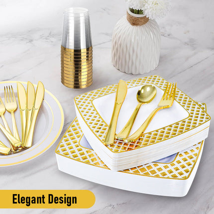 175pcs Food-Grade Wedding Event Banquet Disposable Tableware Dinnerware Gold-Edged Plastic Cutlery Pack of 25 Dining Sets Square Plates Cutlery Napkins.