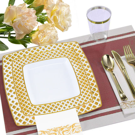 175pcs Food-Grade Wedding Event Banquet Disposable Tableware Dinnerware Gold-Edged Plastic Cutlery Pack of 25 Dining Sets Square Plates Cutlery Napkins.