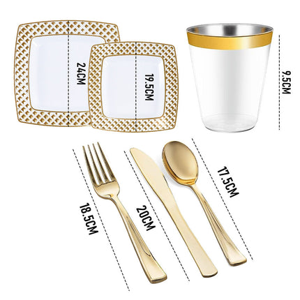 175pcs Food-Grade Wedding Event Banquet Disposable Tableware Dinnerware Gold-Edged Plastic Cutlery Pack of 25 Dining Sets Square Plates Cutlery Napkins.