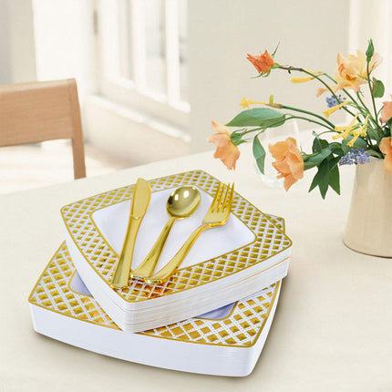 175pcs Food-Grade Wedding Event Banquet Disposable Tableware Dinnerware Gold-Edged Plastic Cutlery Pack of 25 Dining Sets Square Plates Cutlery Napkins.