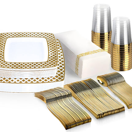 175pcs Food-Grade Wedding Event Banquet Disposable Tableware Dinnerware Gold-Edged Plastic Cutlery Pack of 25 Dining Sets Square Plates Cutlery Napkins.