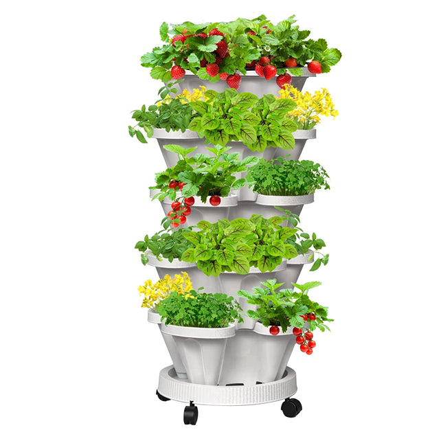 5 Tier Stackable Planter Pots Vertical Garden Stacking Space Saving High Yield Ideal for Herbs Flower Plants Veggies With Wheel White 37cm Width.