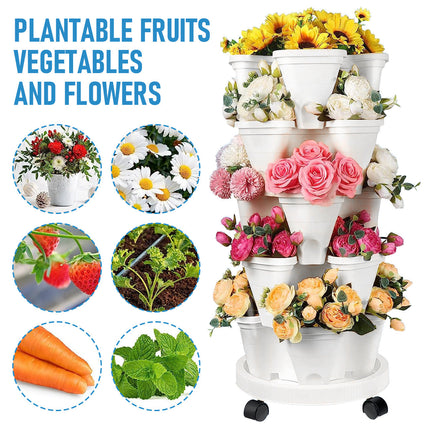 5 Tier Stackable Planter Pots Vertical Garden Stacking Space Saving High Yield Ideal for Herbs Flower Plants Veggies With Wheel White 37cm Width.