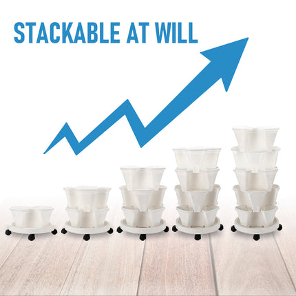 5 Tier Stackable Planter Pots Vertical Garden Stacking Space Saving High Yield Ideal for Herbs Flower Plants Veggies With Wheel White 37cm Width.