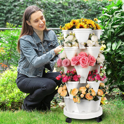 5 Tier Stackable Planter Pots Vertical Garden Stacking Space Saving High Yield Ideal for Herbs Flower Plants Veggies With Wheel White 37cm Width.