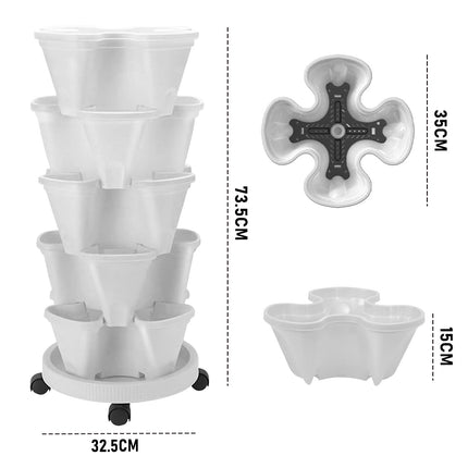 5 Tier Stackable Planter Pots Vertical Garden Stacking Space Saving High Yield Ideal for Herbs Flower Plants Veggies With Wheel White 37cm Width.