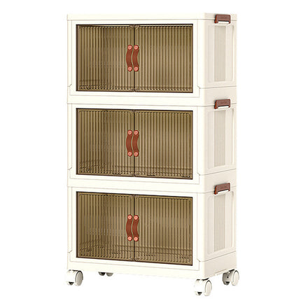 Foldable Storage Cabinet Stackable Bins Household Plastic Closet Multi-purpose Organizer Doors and Top Lid 2 Way Opening with 360 Degree Rotatable Wheels.