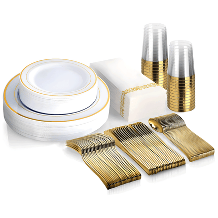 175pcs Food-Grade Wedding Event Banquet Disposable Tableware Dinnerware Gold-Edged Plastic Cutlery Pack of 25 Dining Sets Plates Cutlery Napkins.