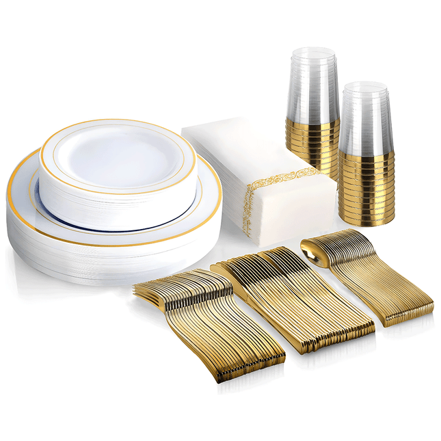 175pcs Food-Grade Wedding Event Banquet Disposable Tableware Dinnerware Gold-Edged Plastic Cutlery Pack of 25 Dining Sets Plates Cutlery Napkins.