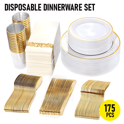 175pcs Food-Grade Wedding Event Banquet Disposable Tableware Dinnerware Gold-Edged Plastic Cutlery Pack of 25 Dining Sets Plates Cutlery Napkins.