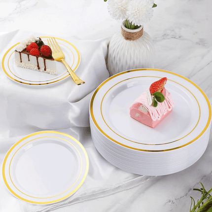 175pcs Food-Grade Wedding Event Banquet Disposable Tableware Dinnerware Gold-Edged Plastic Cutlery Pack of 25 Dining Sets Plates Cutlery Napkins.