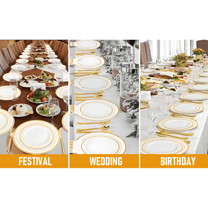 175pcs Food-Grade Wedding Event Banquet Disposable Tableware Dinnerware Gold-Edged Plastic Cutlery Pack of 25 Dining Sets Plates Cutlery Napkins.