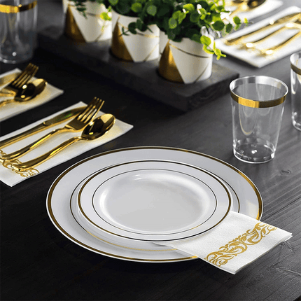 175pcs Food-Grade Wedding Event Banquet Disposable Tableware Dinnerware Gold-Edged Plastic Cutlery Pack of 25 Dining Sets Plates Cutlery Napkins.