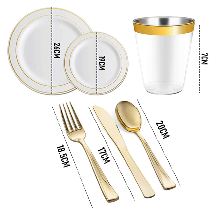 175pcs Food-Grade Wedding Event Banquet Disposable Tableware Dinnerware Gold-Edged Plastic Cutlery Pack of 25 Dining Sets Plates Cutlery Napkins.