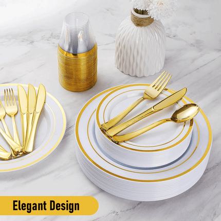 175pcs Food-Grade Wedding Event Banquet Disposable Tableware Dinnerware Gold-Edged Plastic Cutlery Pack of 25 Dining Sets Plates Cutlery Napkins.
