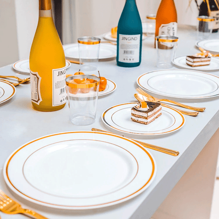 175pcs Food-Grade Wedding Event Banquet Disposable Tableware Dinnerware Gold-Edged Plastic Cutlery Pack of 25 Dining Sets Plates Cutlery Napkins.