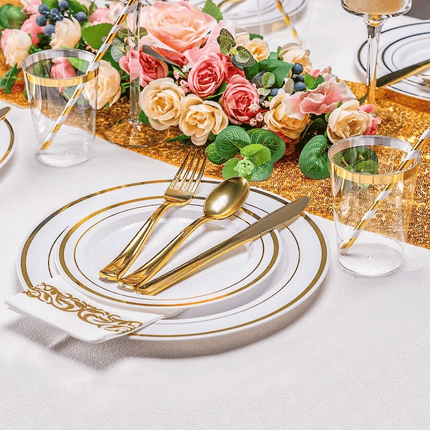 175pcs Food-Grade Wedding Event Banquet Disposable Tableware Dinnerware Gold-Edged Plastic Cutlery Pack of 25 Dining Sets Plates Cutlery Napkins.
