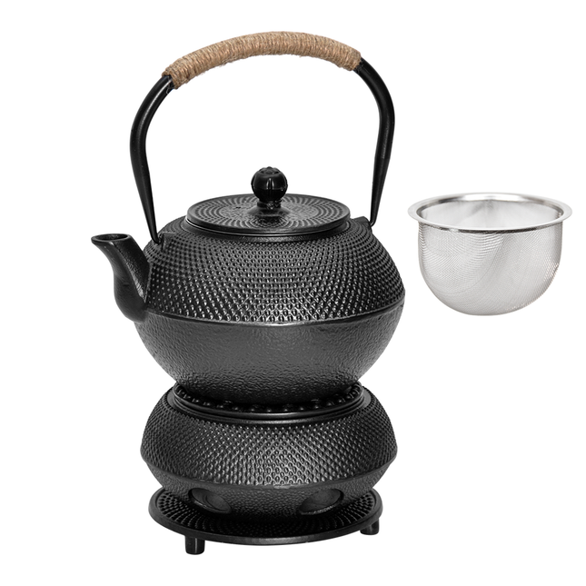 1.2L Cast Iron Teapot and Warmer Set Tea Kettle Iron Bottle With Stainless Steel Mesh Infuser and Anti-Scald Handle Compatible with Multi-Heat Source Black.