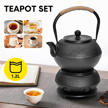 1.2L Cast Iron Teapot and Warmer Set Tea Kettle Iron Bottle With Stainless Steel Mesh Infuser and Anti-Scald Handle Compatible with Multi-Heat Source Black.