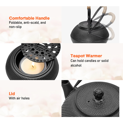 1.2L Cast Iron Teapot and Warmer Set Tea Kettle Iron Bottle With Stainless Steel Mesh Infuser and Anti-Scald Handle Compatible with Multi-Heat Source Black.