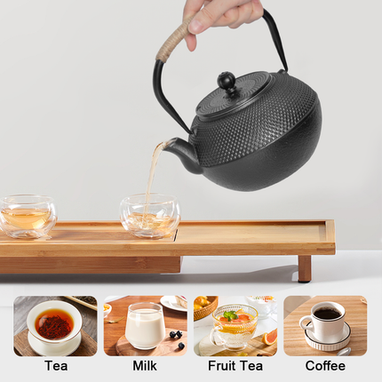 1.2L Cast Iron Teapot and Warmer Set Tea Kettle Iron Bottle With Stainless Steel Mesh Infuser and Anti-Scald Handle Compatible with Multi-Heat Source Black.