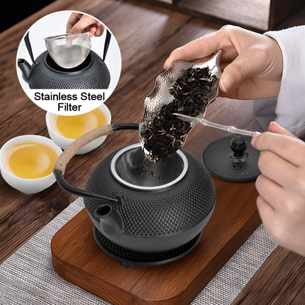 1.2L Cast Iron Teapot and Warmer Set Tea Kettle Iron Bottle With Stainless Steel Mesh Infuser and Anti-Scald Handle Compatible with Multi-Heat Source Black.