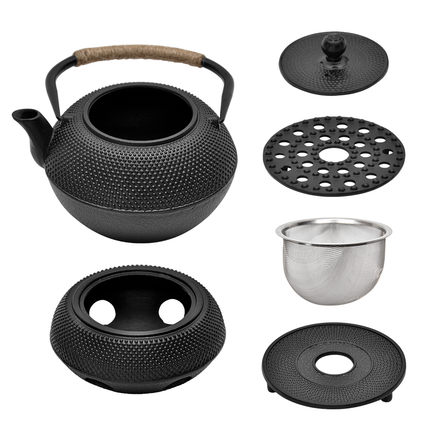 1.2L Cast Iron Teapot and Warmer Set Tea Kettle Iron Bottle With Stainless Steel Mesh Infuser and Anti-Scald Handle Compatible with Multi-Heat Source Black.