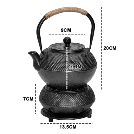 1.2L Cast Iron Teapot and Warmer Set Tea Kettle Iron Bottle With Stainless Steel Mesh Infuser and Anti-Scald Handle Compatible with Multi-Heat Source Black.
