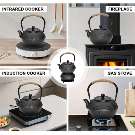 1.2L Cast Iron Teapot and Warmer Set Tea Kettle Iron Bottle With Stainless Steel Mesh Infuser and Anti-Scald Handle Compatible with Multi-Heat Source Black.