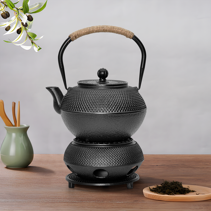 1.2L Cast Iron Teapot and Warmer Set Tea Kettle Iron Bottle With Stainless Steel Mesh Infuser and Anti-Scald Handle Compatible with Multi-Heat Source Black.