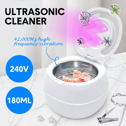 Ultrasonic UV Cleaner Portable 42khz Dual Mode Cleaner 180-220ml with Chamber and Timer for Dentures Aligner Retainer Dental and Jewellery Cleaning Machine.