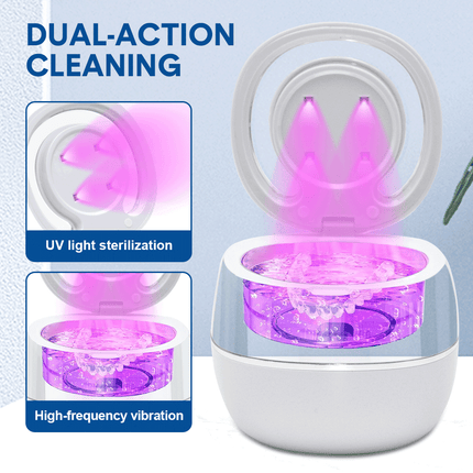 Ultrasonic UV Cleaner Portable 42khz Dual Mode Cleaner 180-220ml with Chamber and Timer for Dentures Aligner Retainer Dental and Jewellery Cleaning Machine.