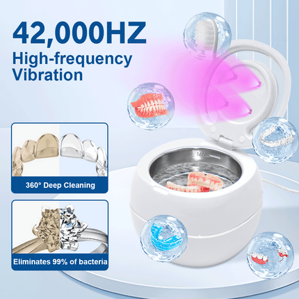 Ultrasonic UV Cleaner Portable 42khz Dual Mode Cleaner 180-220ml with Chamber and Timer for Dentures Aligner Retainer Dental and Jewellery Cleaning Machine.