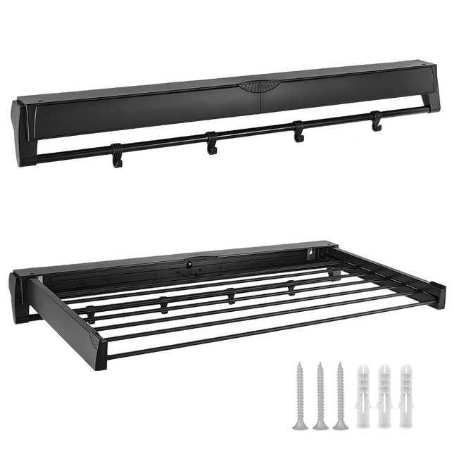 Alston Wall Mounted Drying Rack Black Clothes Airer Space Saver Folding Dryer Bearing Capacity 12KG Foldable Rail With Hooks Indoor Outdoor Balcony Laundry.