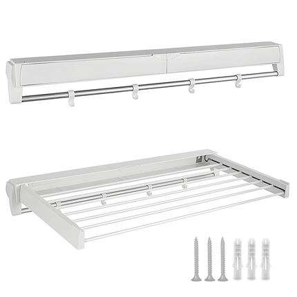 Alston Wall Mounted Drying Rack Clothes Airer Space Saver Folding Dryer Bearing Capacity 12KG Foldable Rail With Hooks Indoor Outdoor Balcony Laundry White.