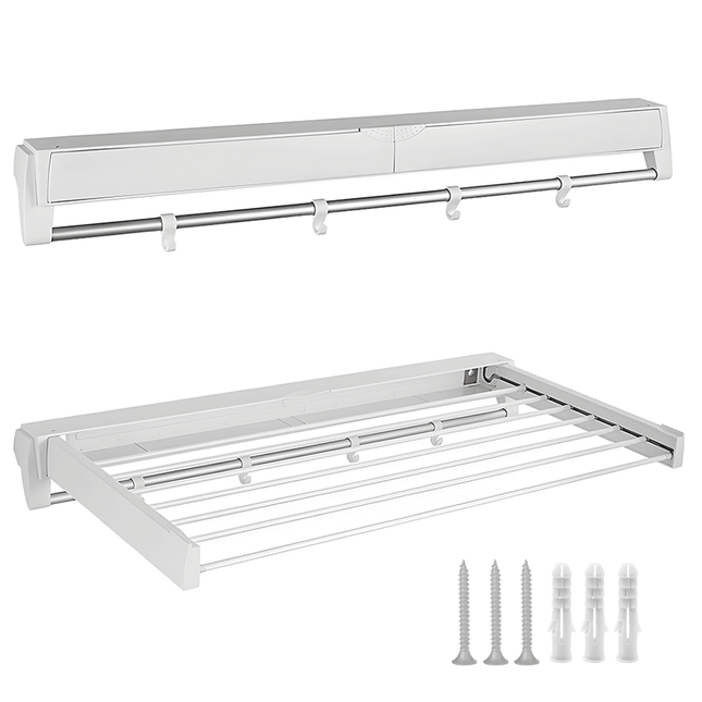 Alston Wall Mounted Drying Rack Clothes Airer Space Saver Folding Dryer Bearing Capacity 12KG Foldable Rail With Hooks Indoor Outdoor Balcony Laundry White.