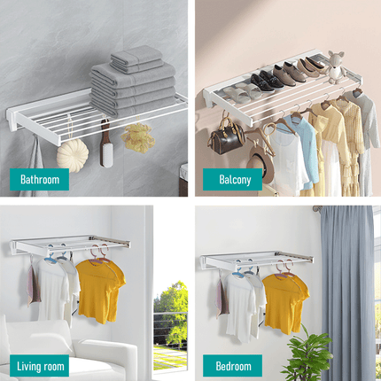 Alston Wall Mounted Drying Rack Clothes Airer Space Saver Folding Dryer Bearing Capacity 12KG Foldable Rail With Hooks Indoor Outdoor Balcony Laundry White.