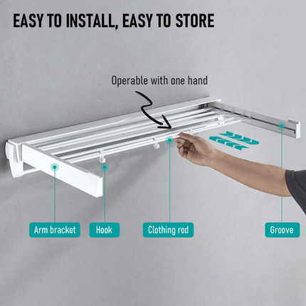 Alston Wall Mounted Drying Rack Clothes Airer Space Saver Folding Dryer Bearing Capacity 12KG Foldable Rail With Hooks Indoor Outdoor Balcony Laundry White.