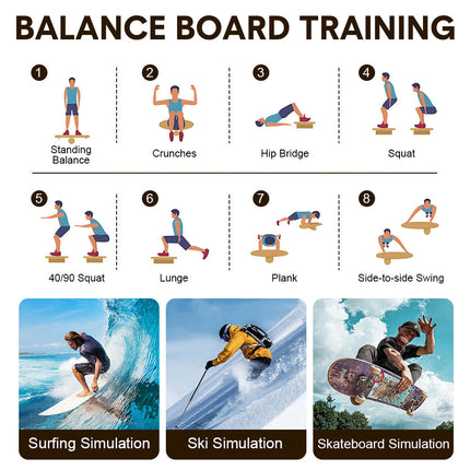 Wooden Balance Board Non-Slip Roller Board Home Fitness Balance Trainer Improves Core Stability for Snowboard Skateboard Surf Yoga Training Max Load 200kg.