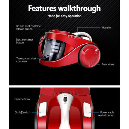 Devanti 2200W Bagless Vacuum Cleaner Red.
