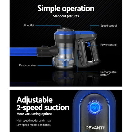Devanti Stick Vacuum Cleaner Brushless Cordless 250W Blue.